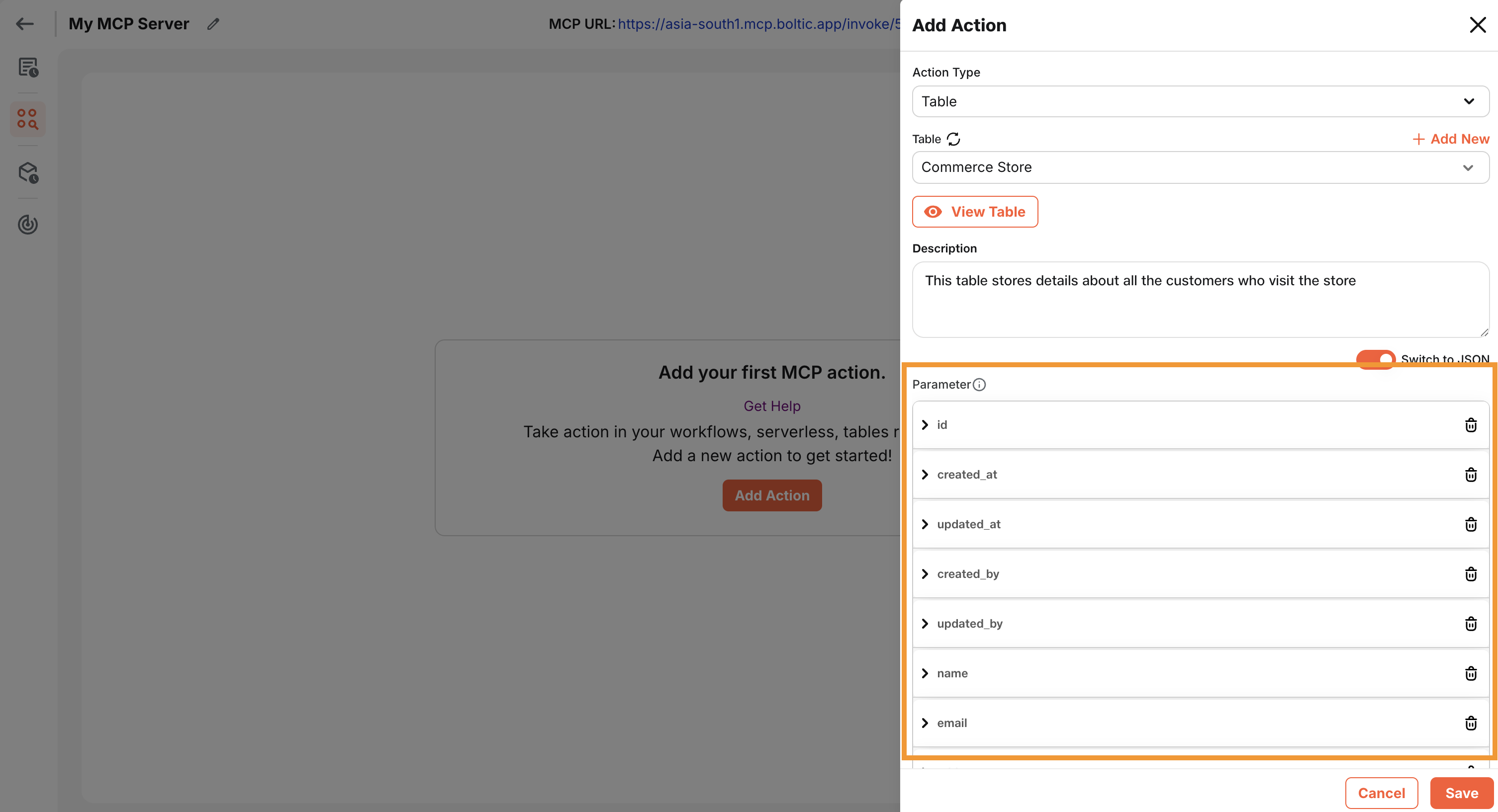 Boltic MCP Actions Tables