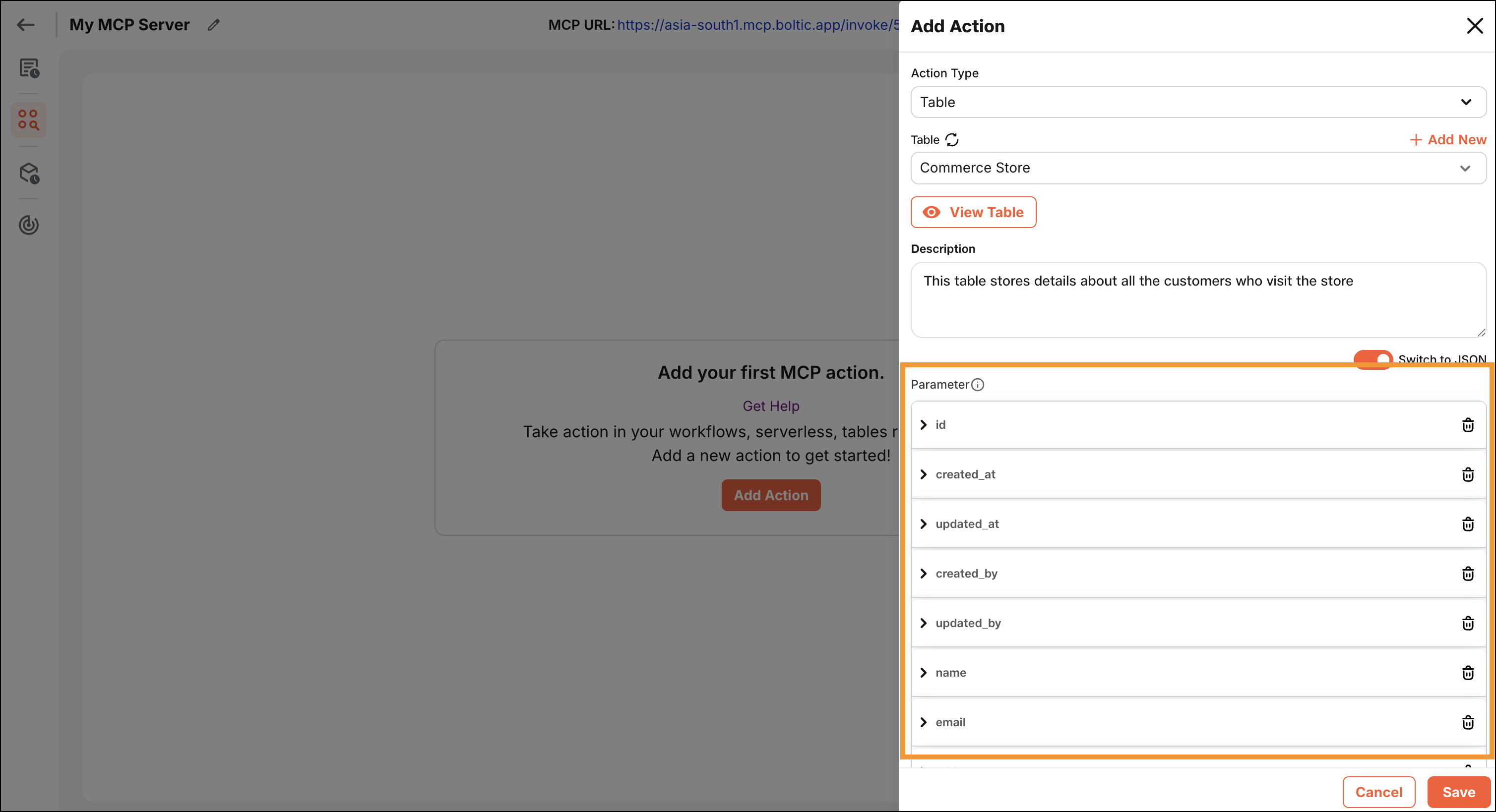 Boltic MCP Actions Tables