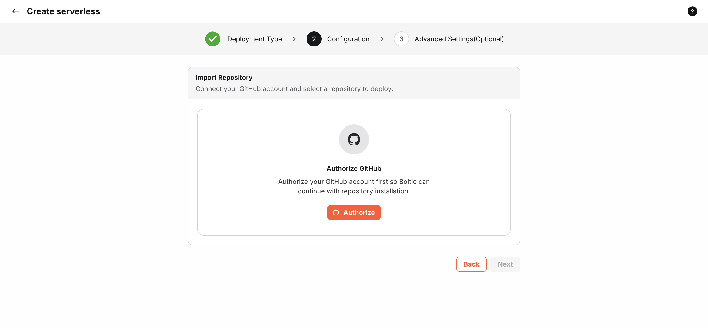 Authorize GitHub — Import Repository panel