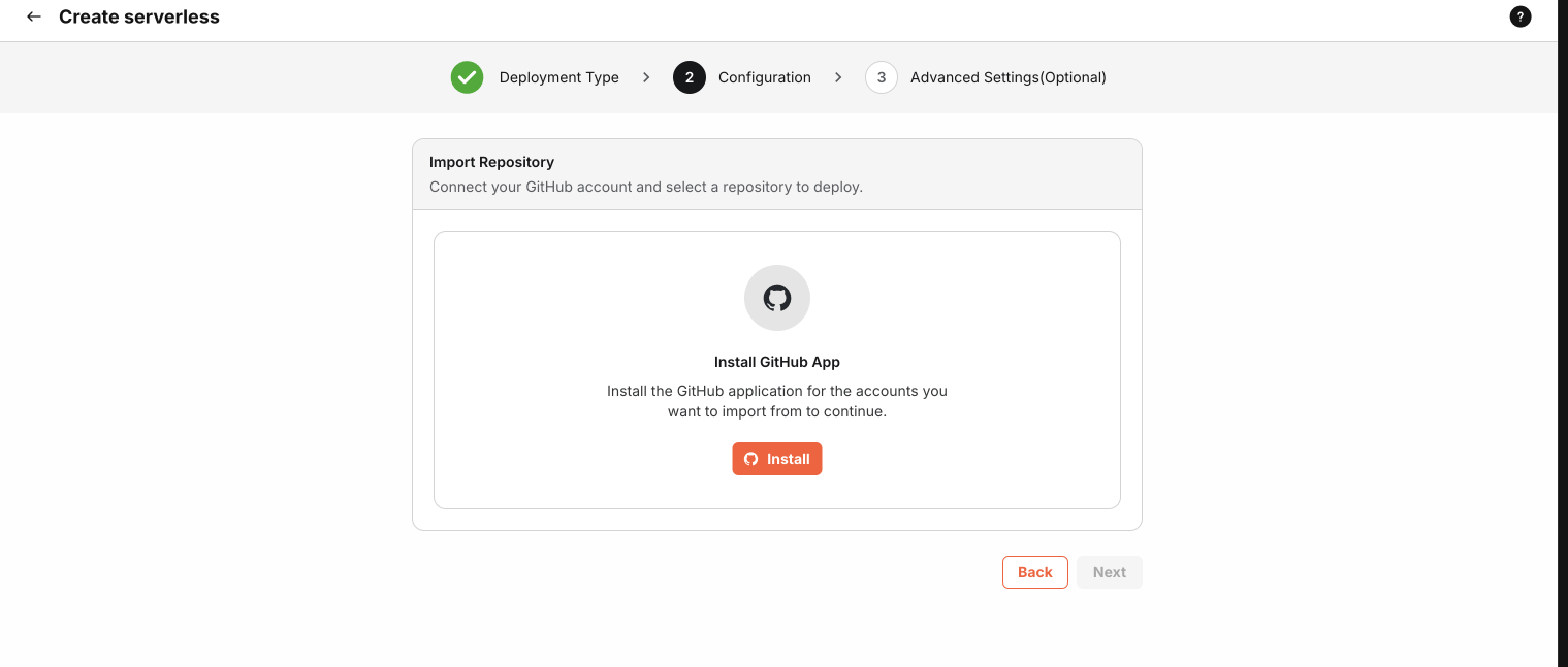 Install GitHub App — Import Repository panel