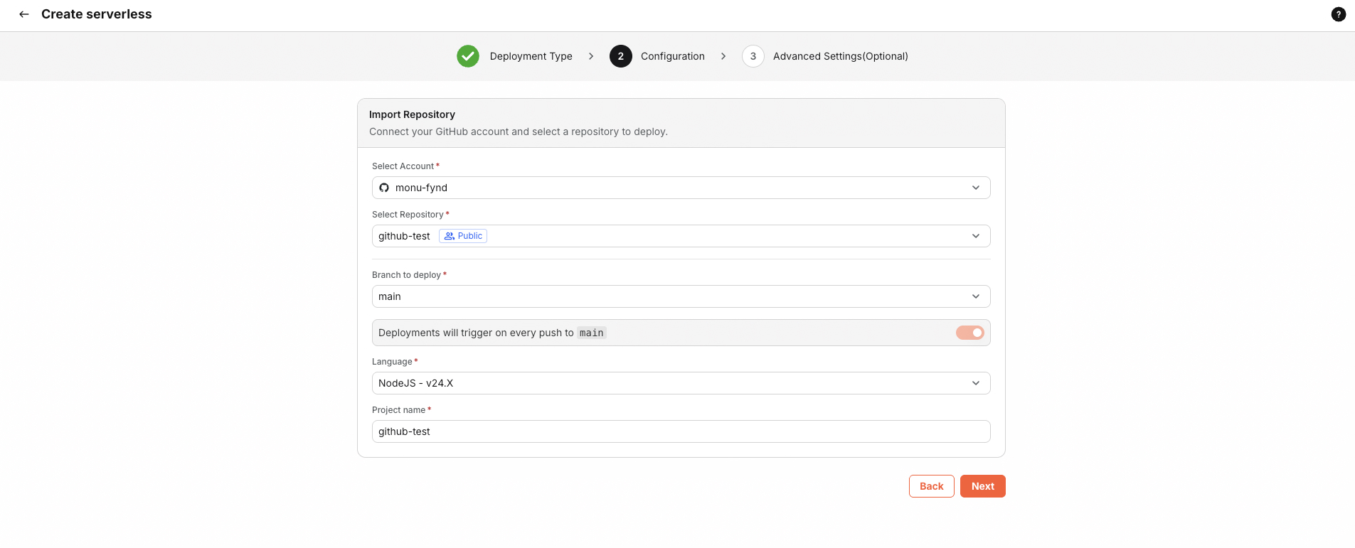 GitHub account, search, and repository list