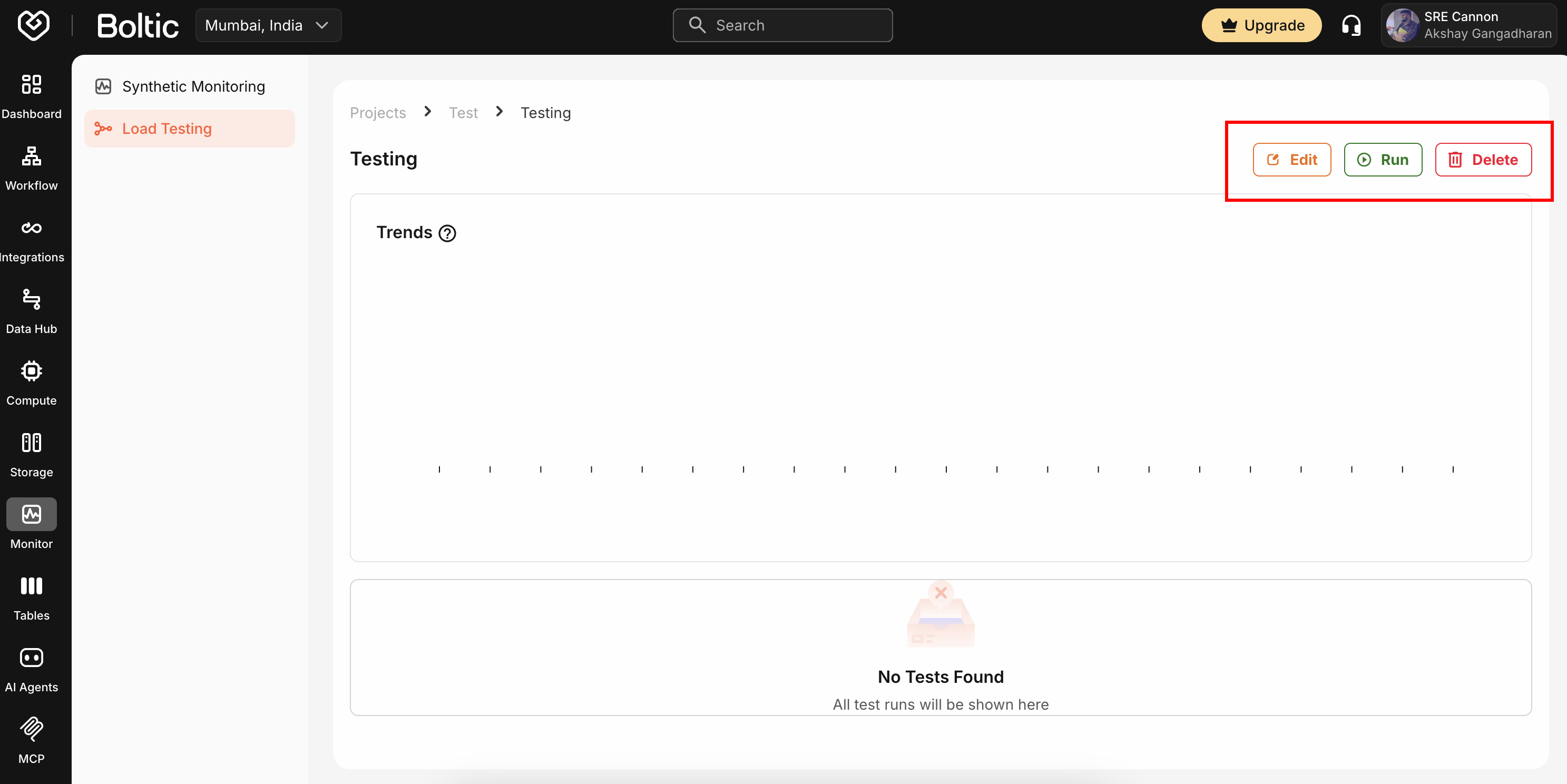 Load Test Create Run Page
