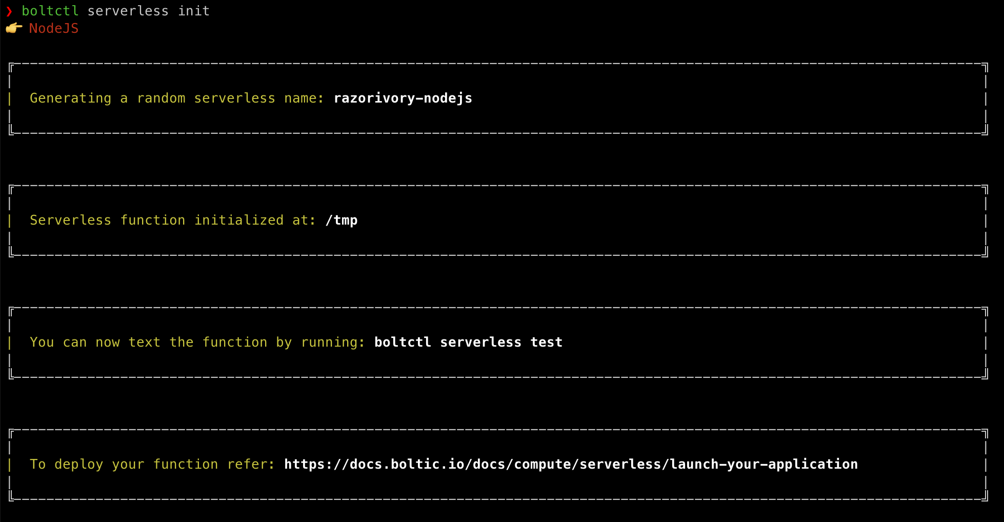 Serverless init output