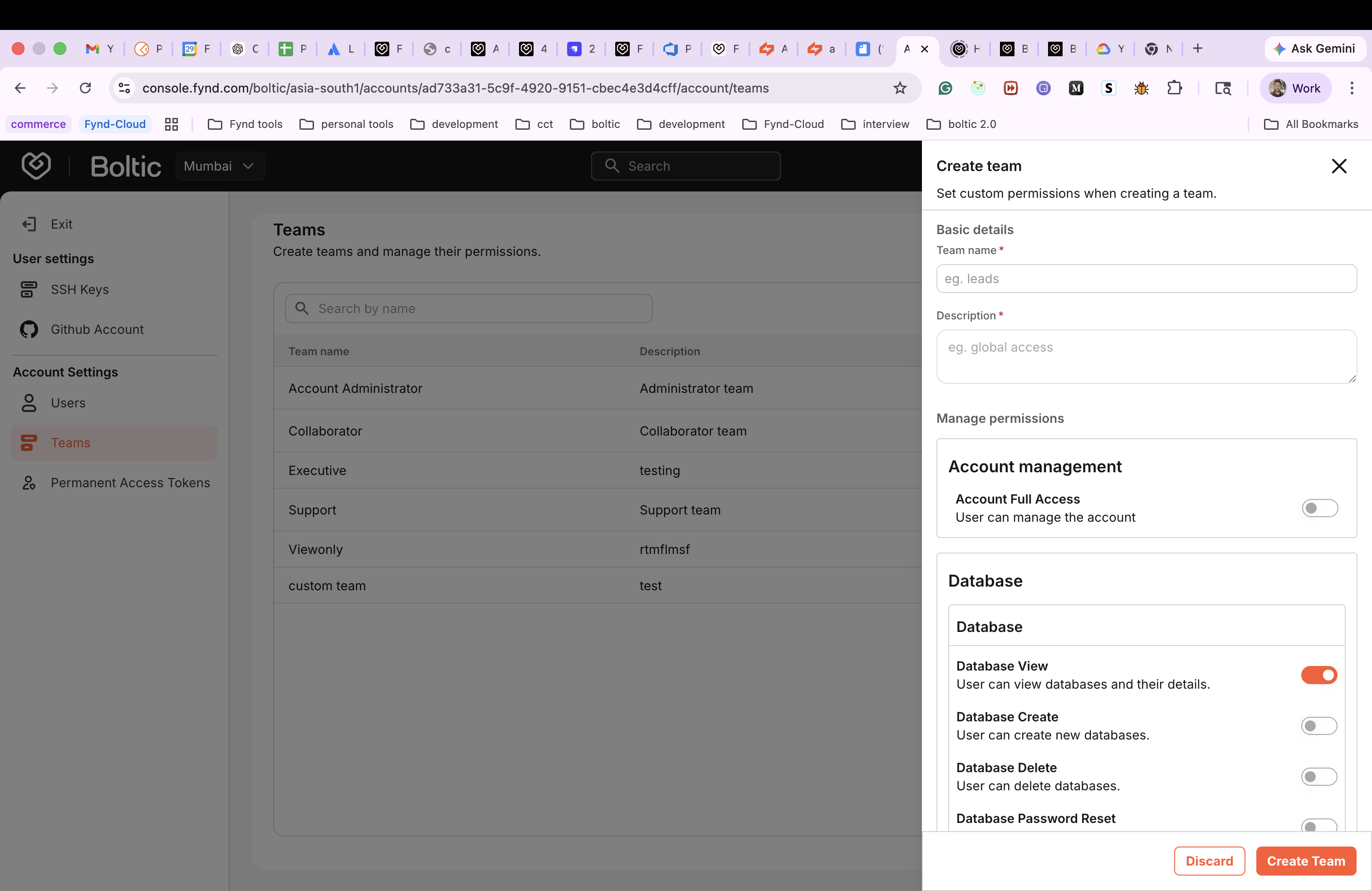 Create team form and permissions
