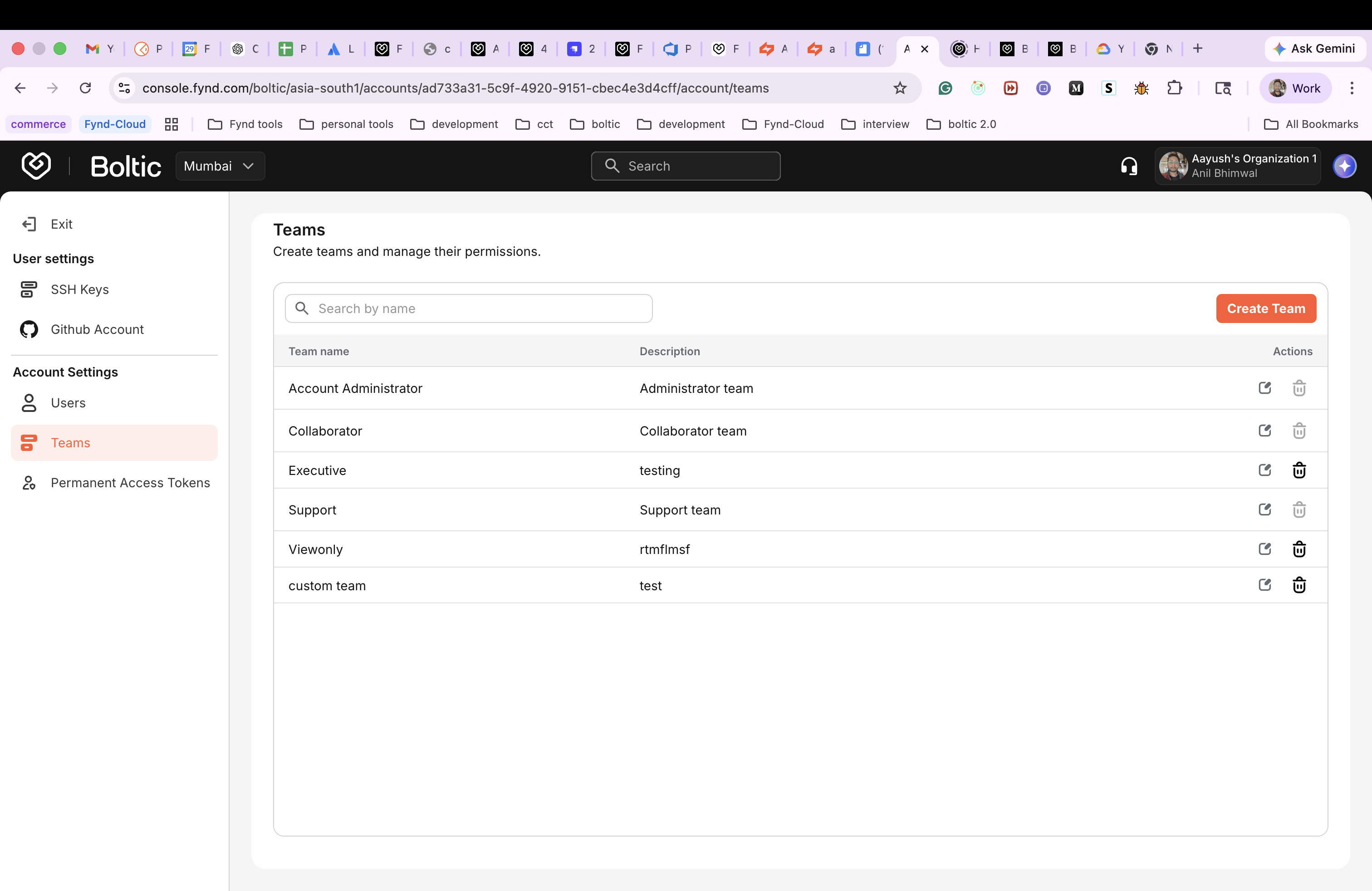 Teams tab in account settings