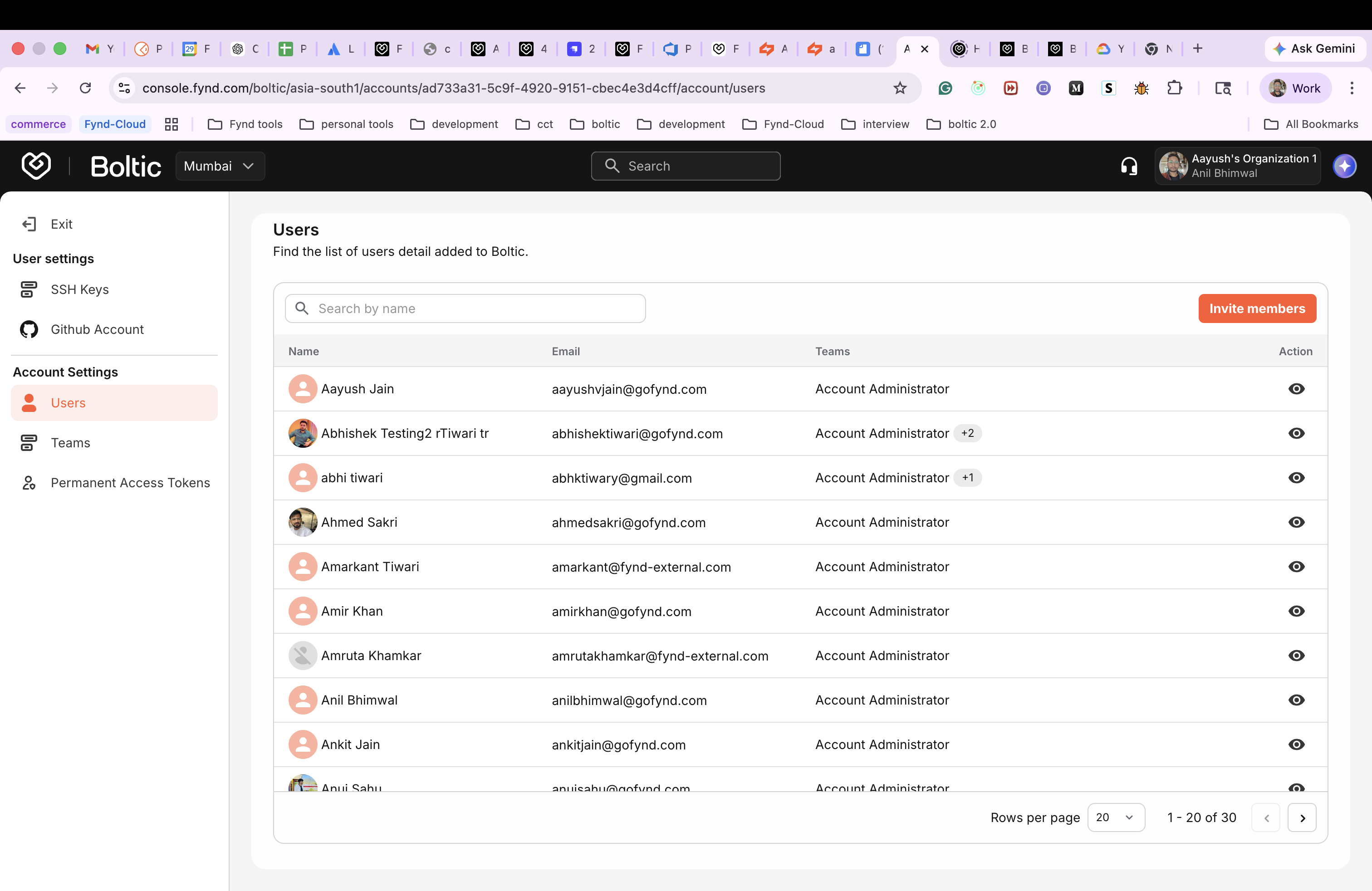 Users tab in account settings