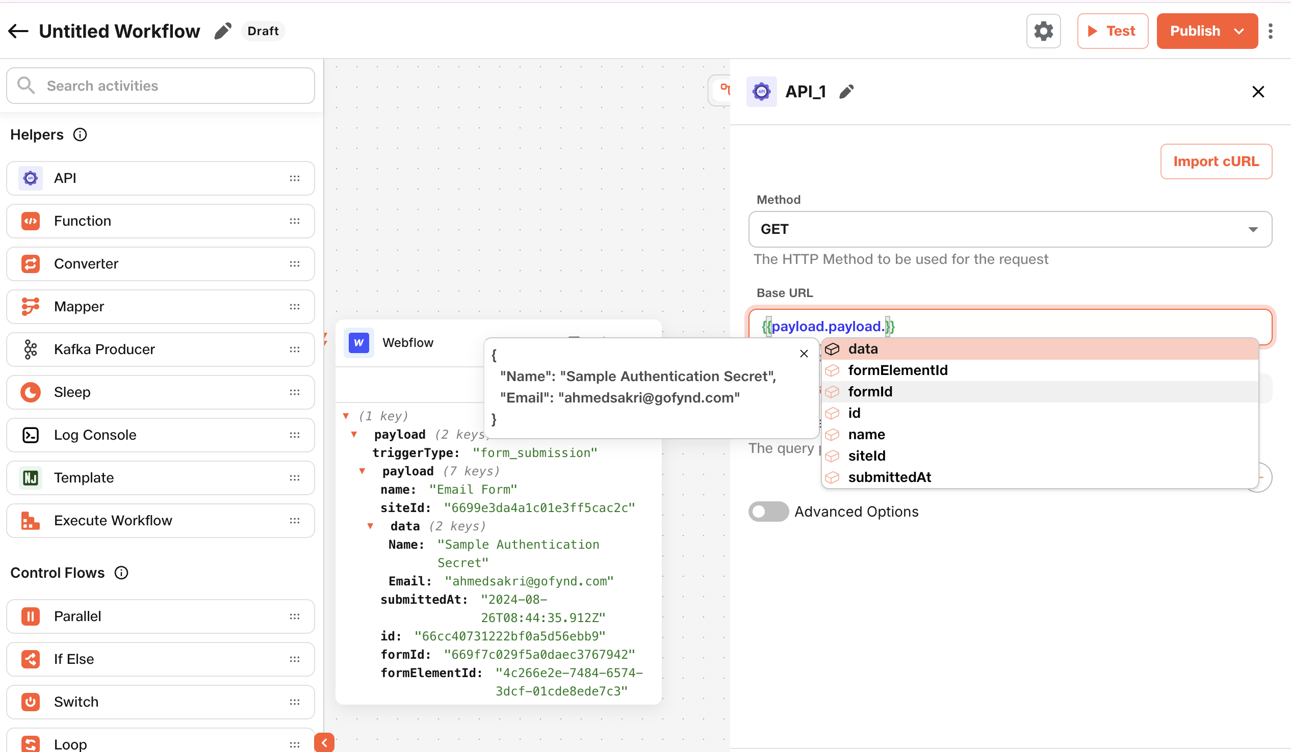 Webflow payload example Screenshot
