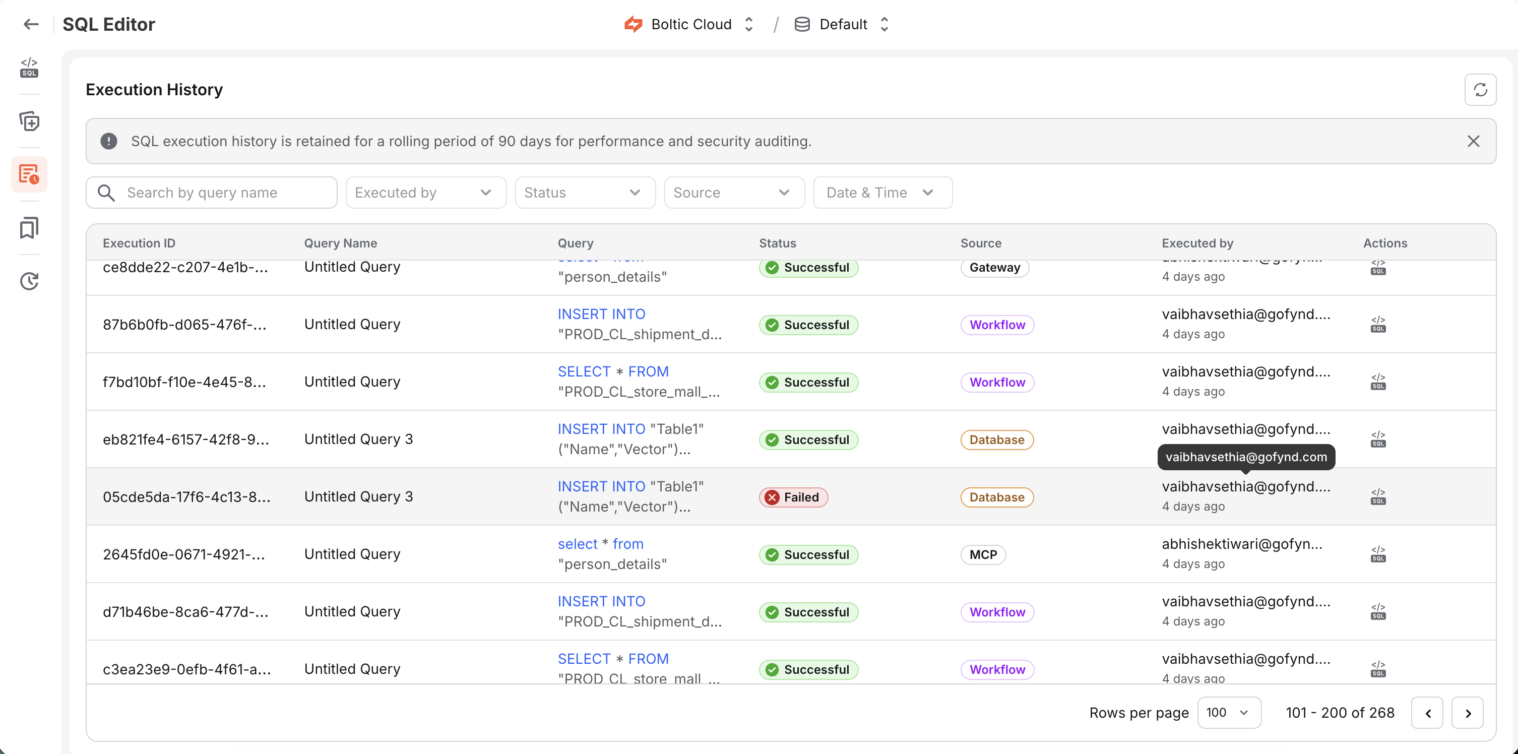 SQL execution history