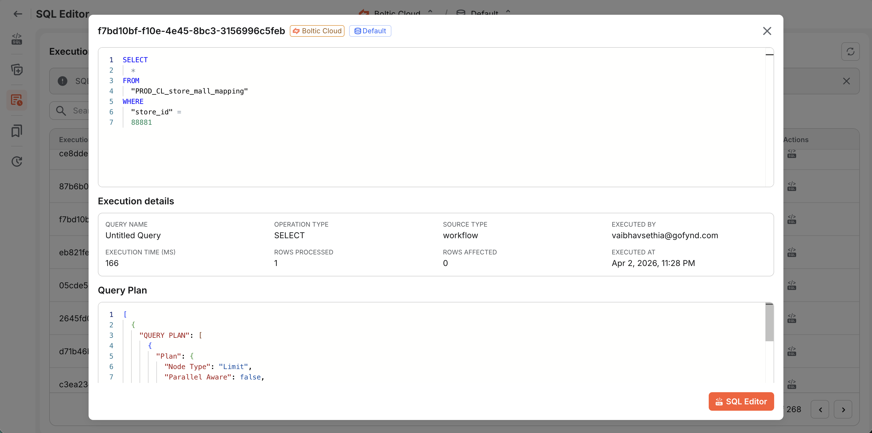 SQL execution details view