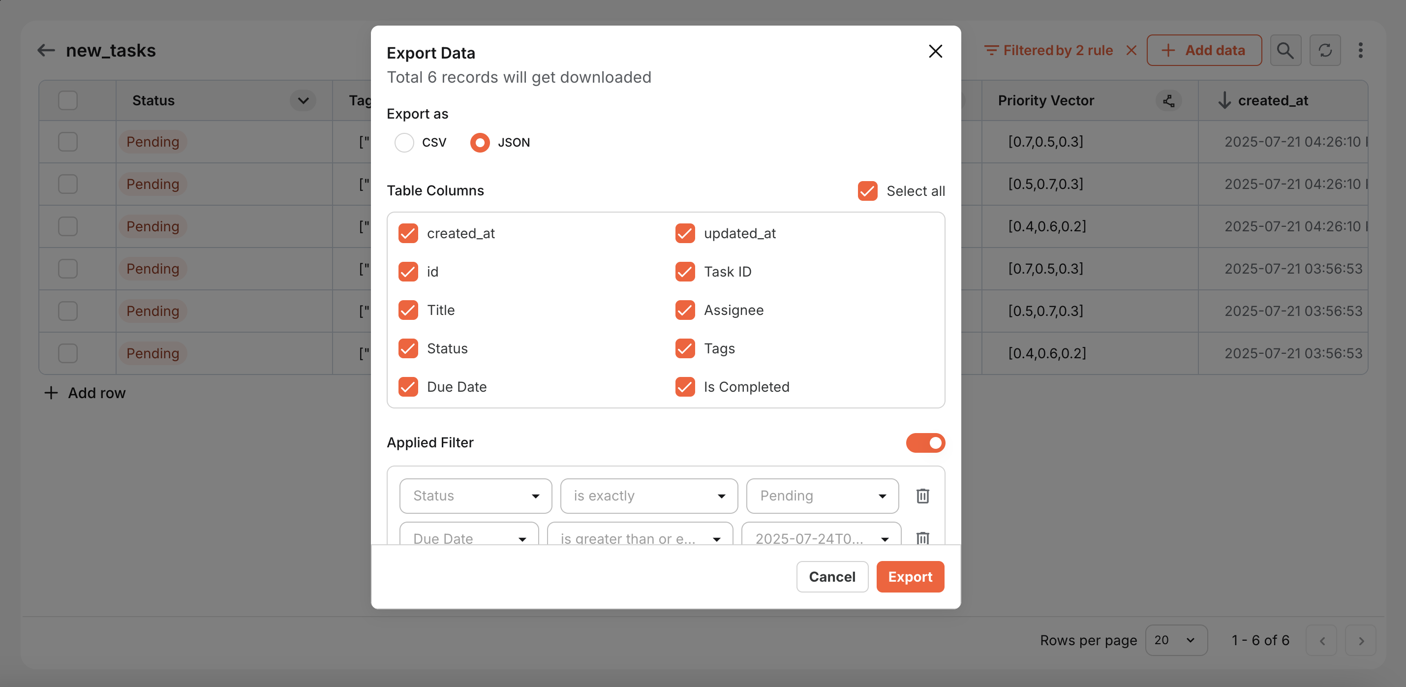 Table Export overview