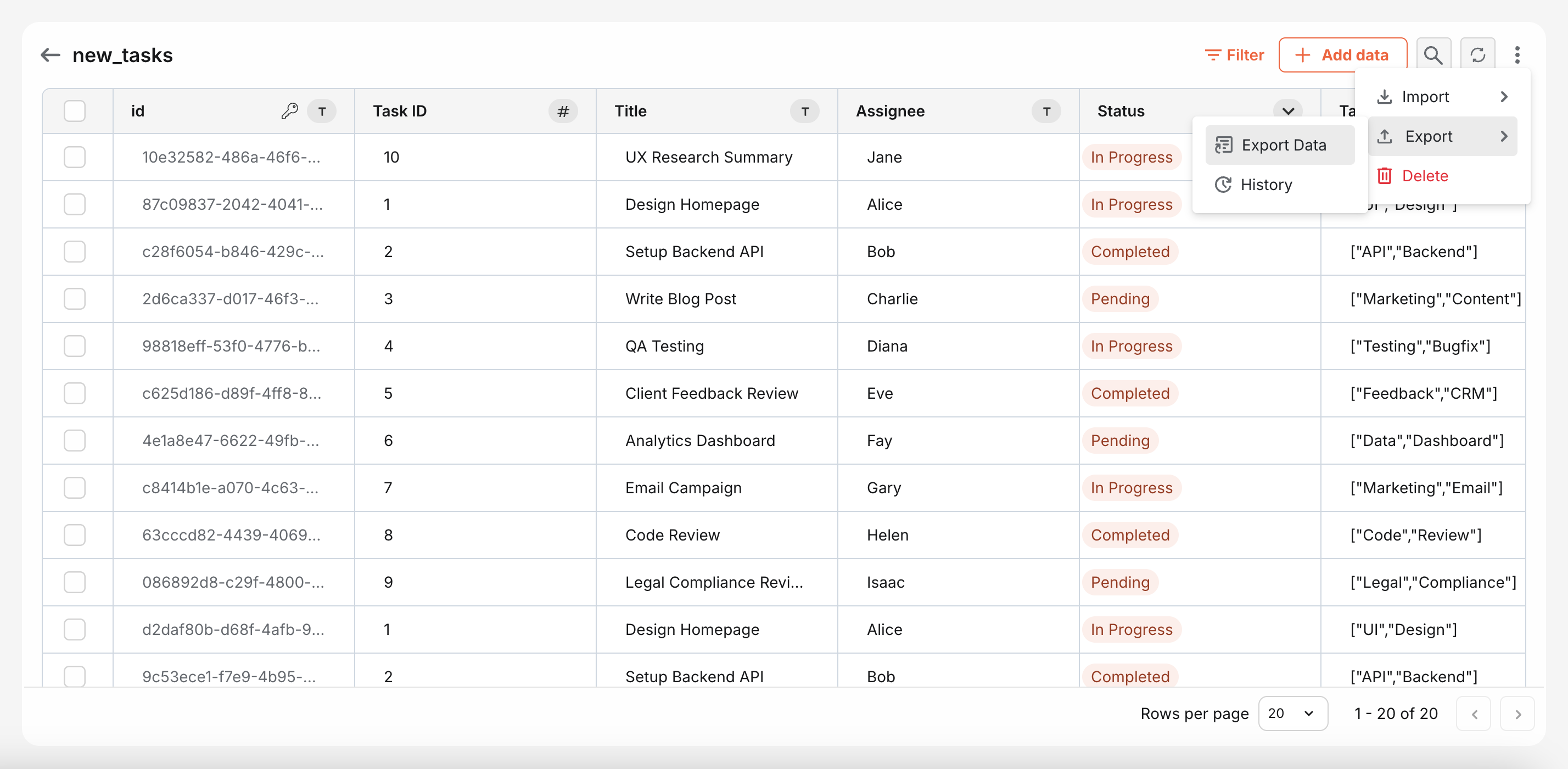 Export table
