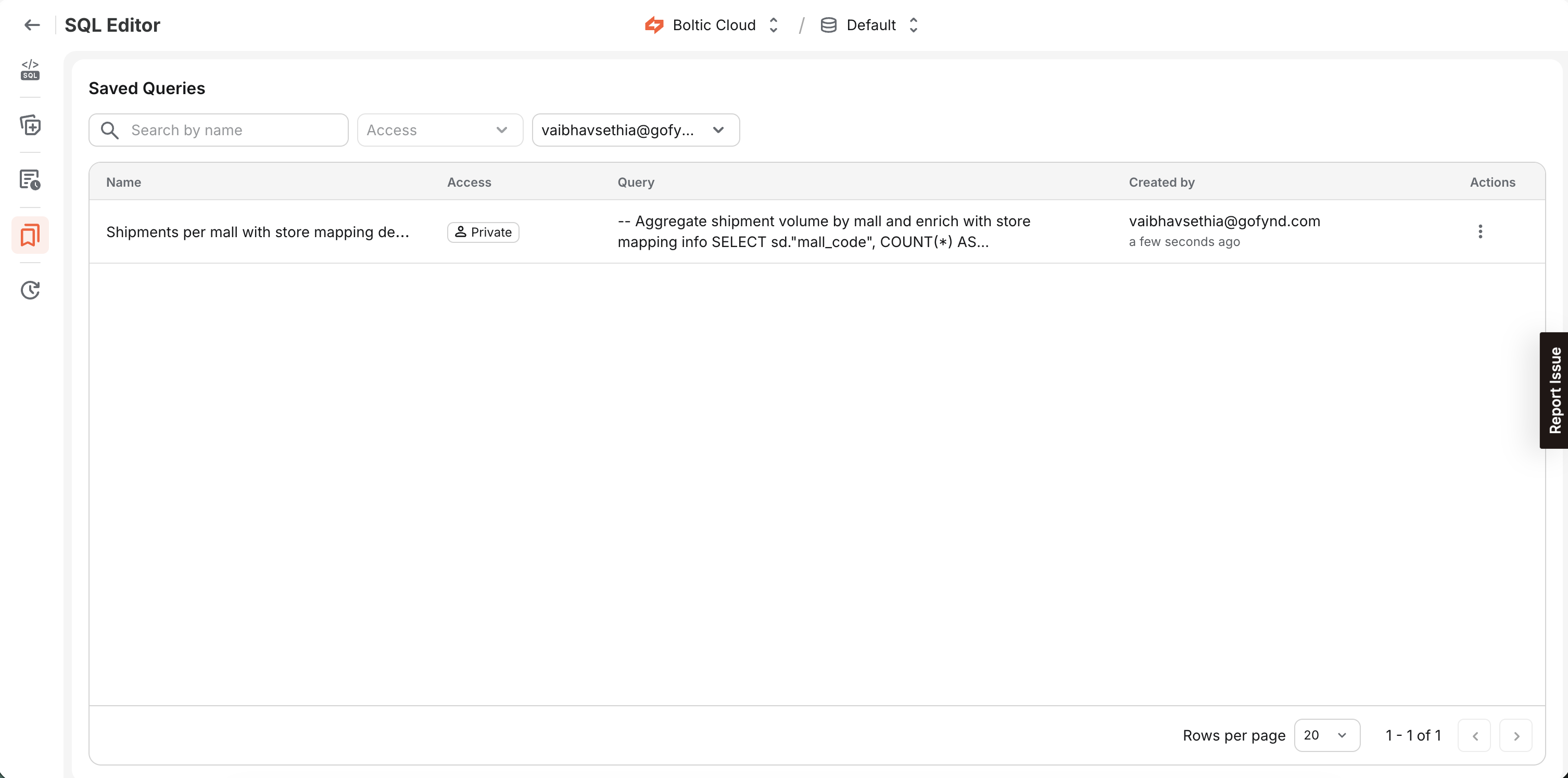 Saved queries listing with filters