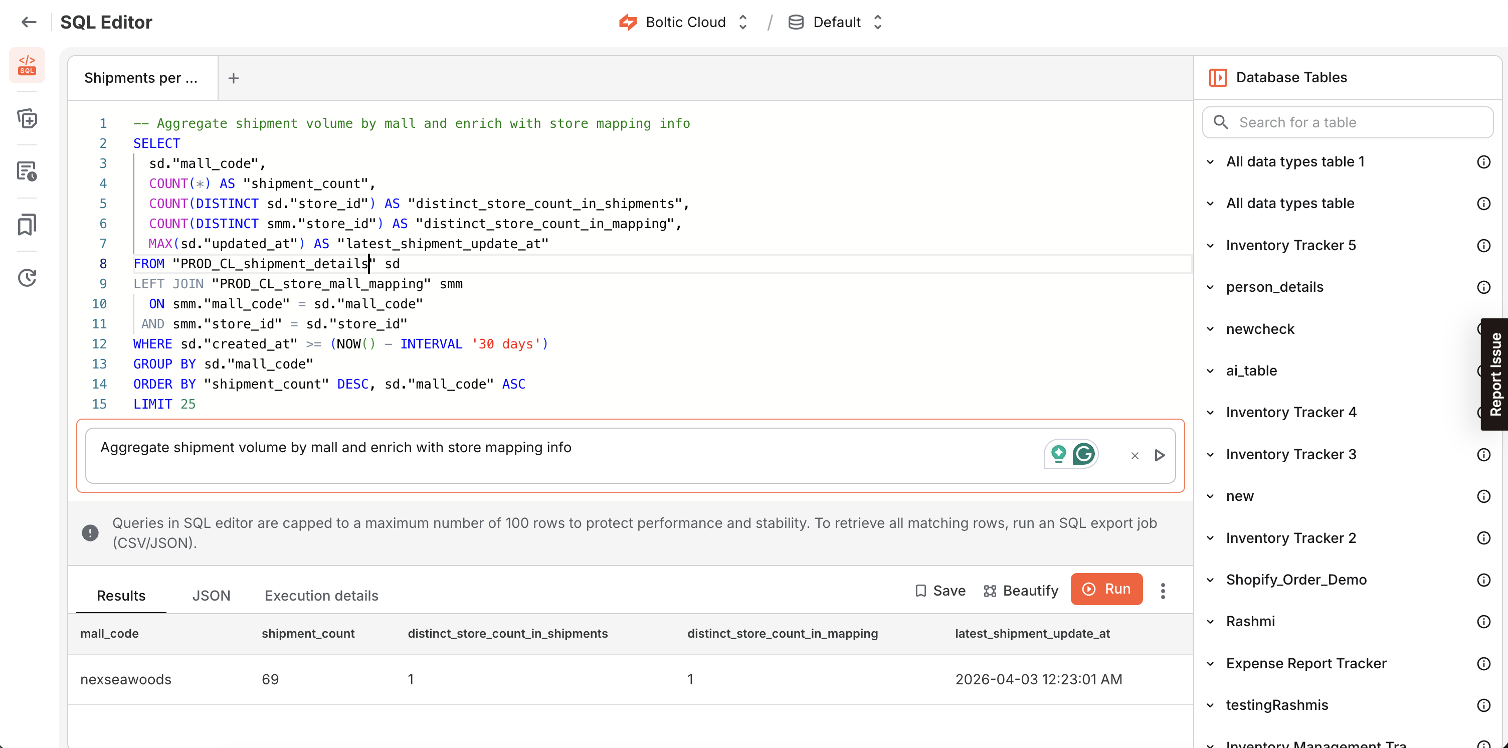SQL Editor showing query created using AI and results in tabular format
