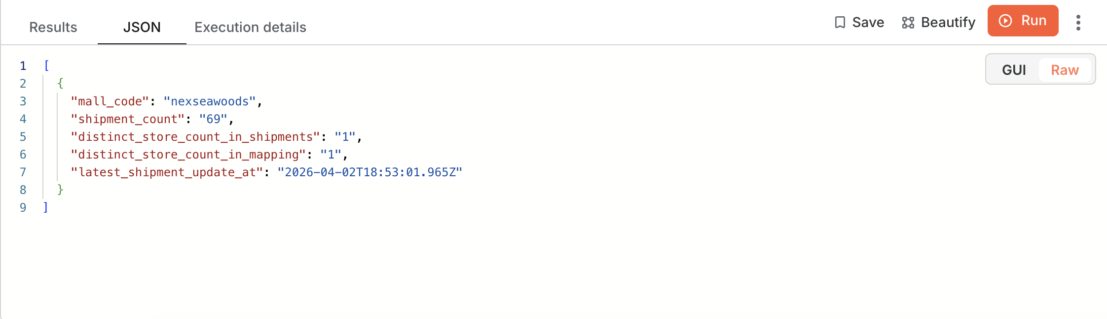 Query results in JSON Raw view