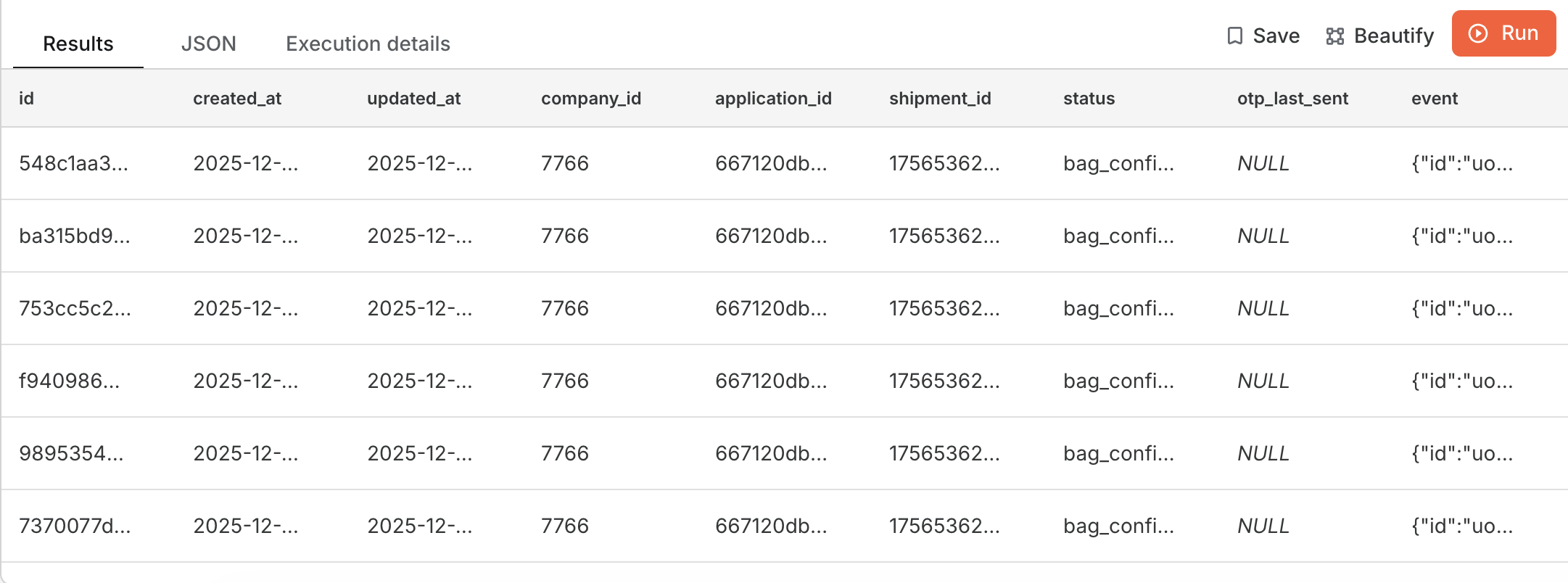 Query results in Tabular view